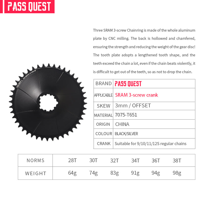 SRAM GXP/DUB ( 3mm offset) Round Narrow Wide Chainring 28-38T